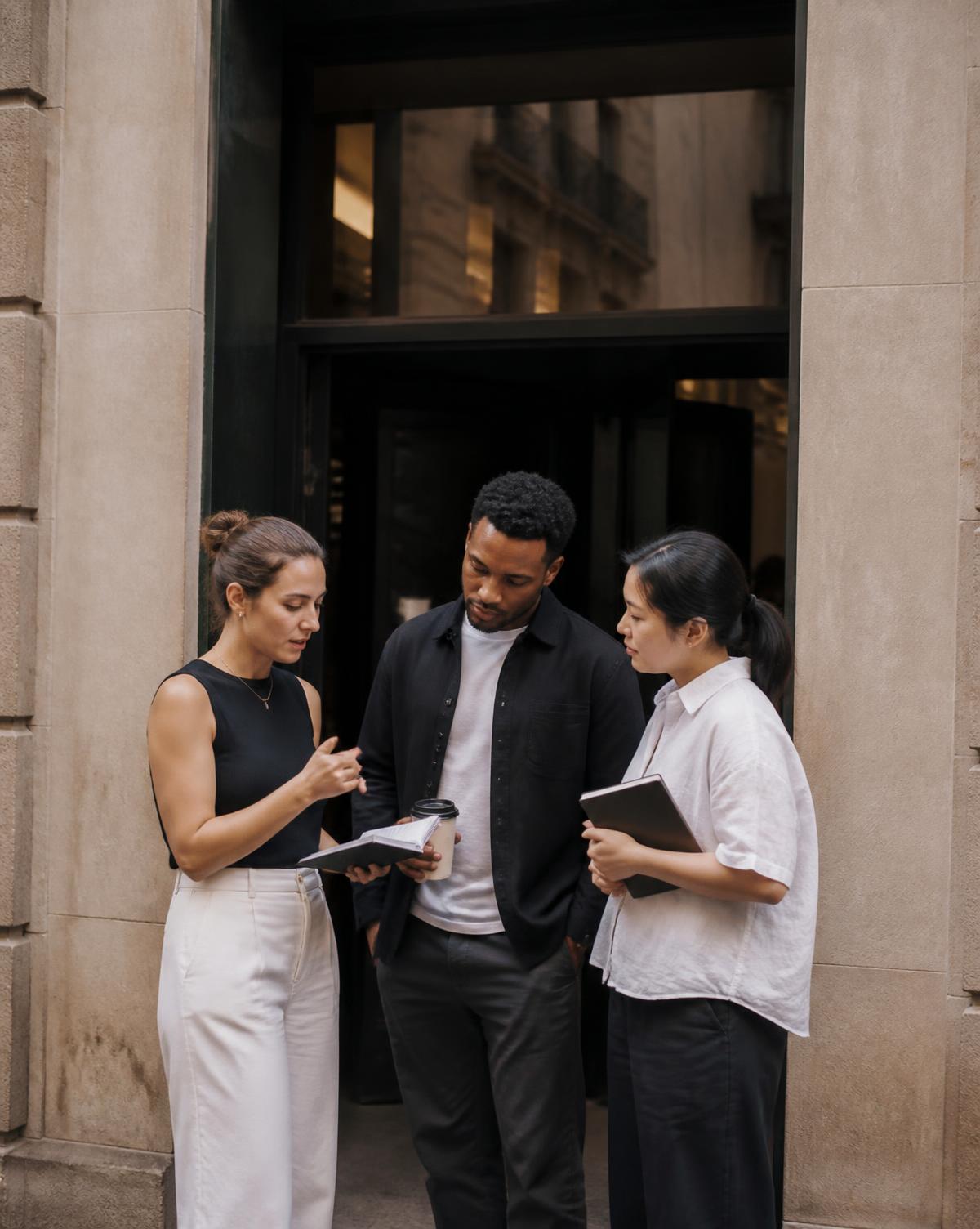 Three colleagues reviewing notes together in a building doorway before an activation