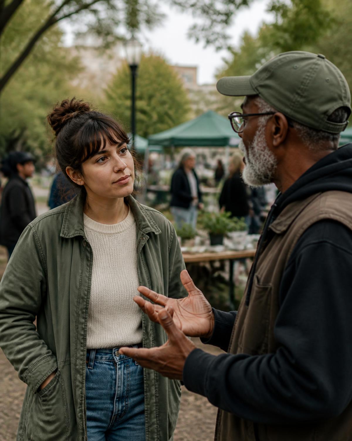 A representative listening carefully during an outdoor conversation
