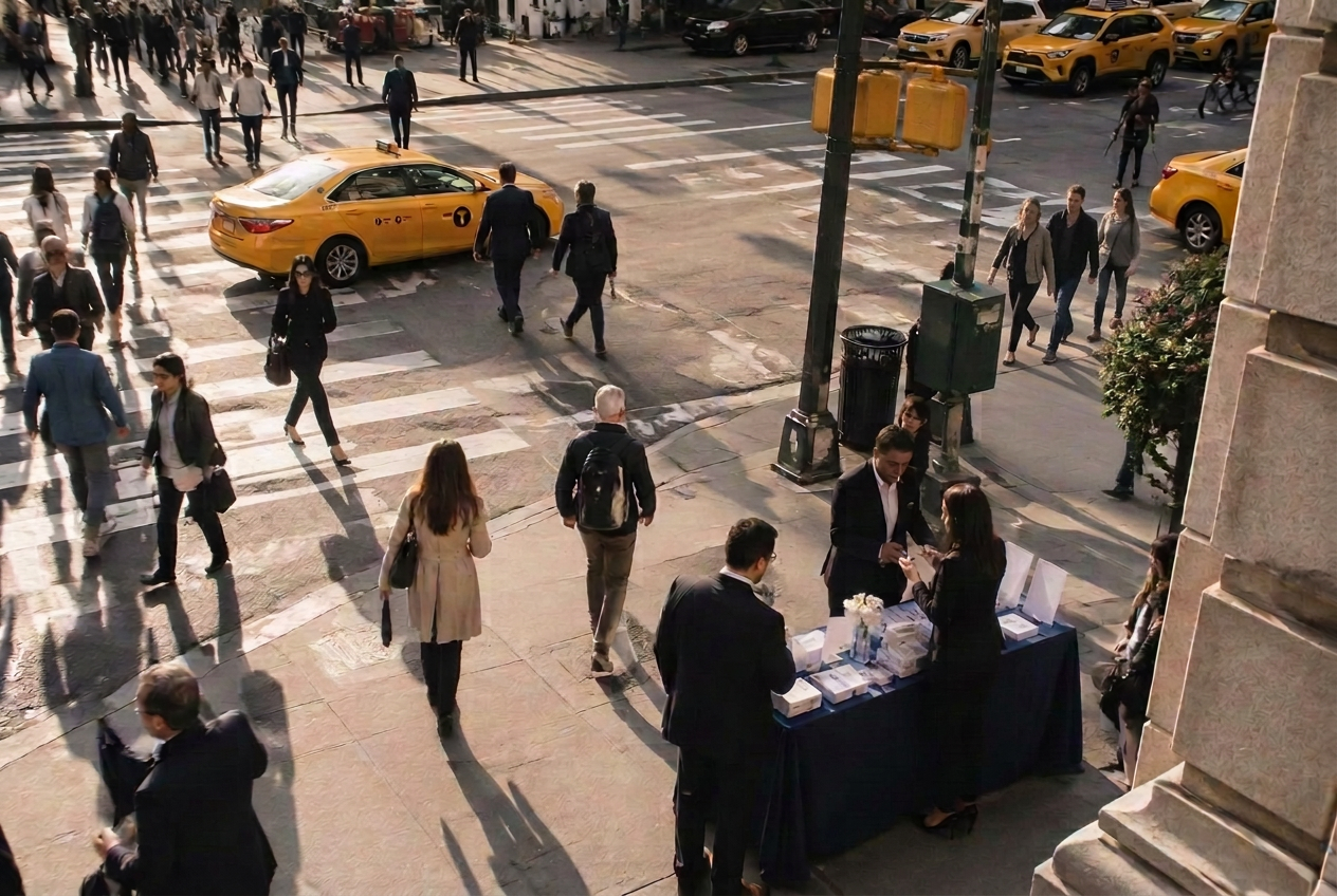 An elevated view of a New York street intersection with people crossing