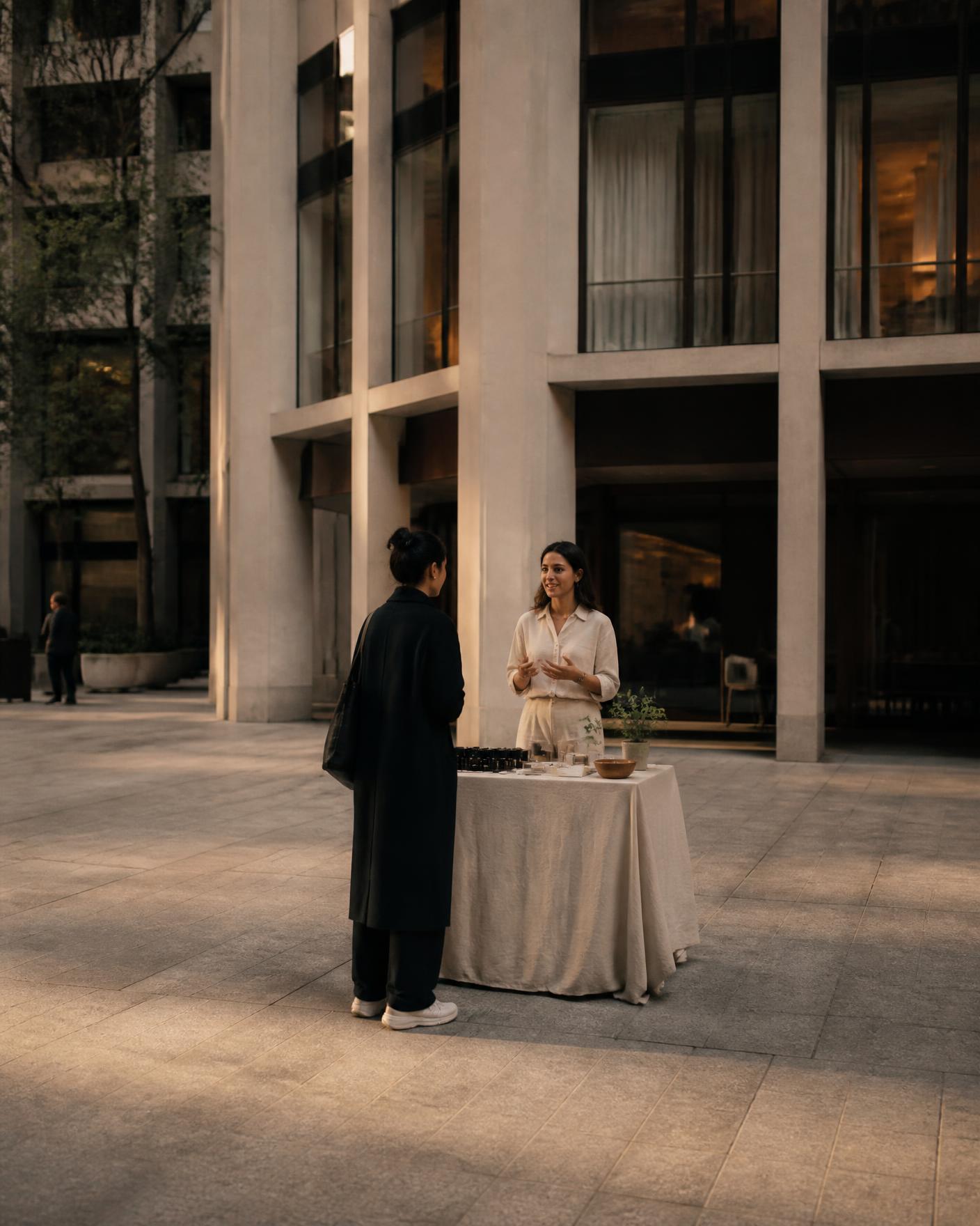 A brand representative in conversation with a passerby at an outdoor table in a New York plaza