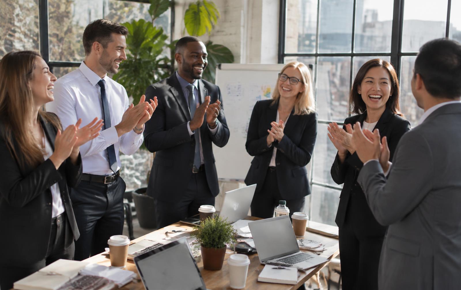 The Providence team laughing during a morning huddle in a sunlit New York office