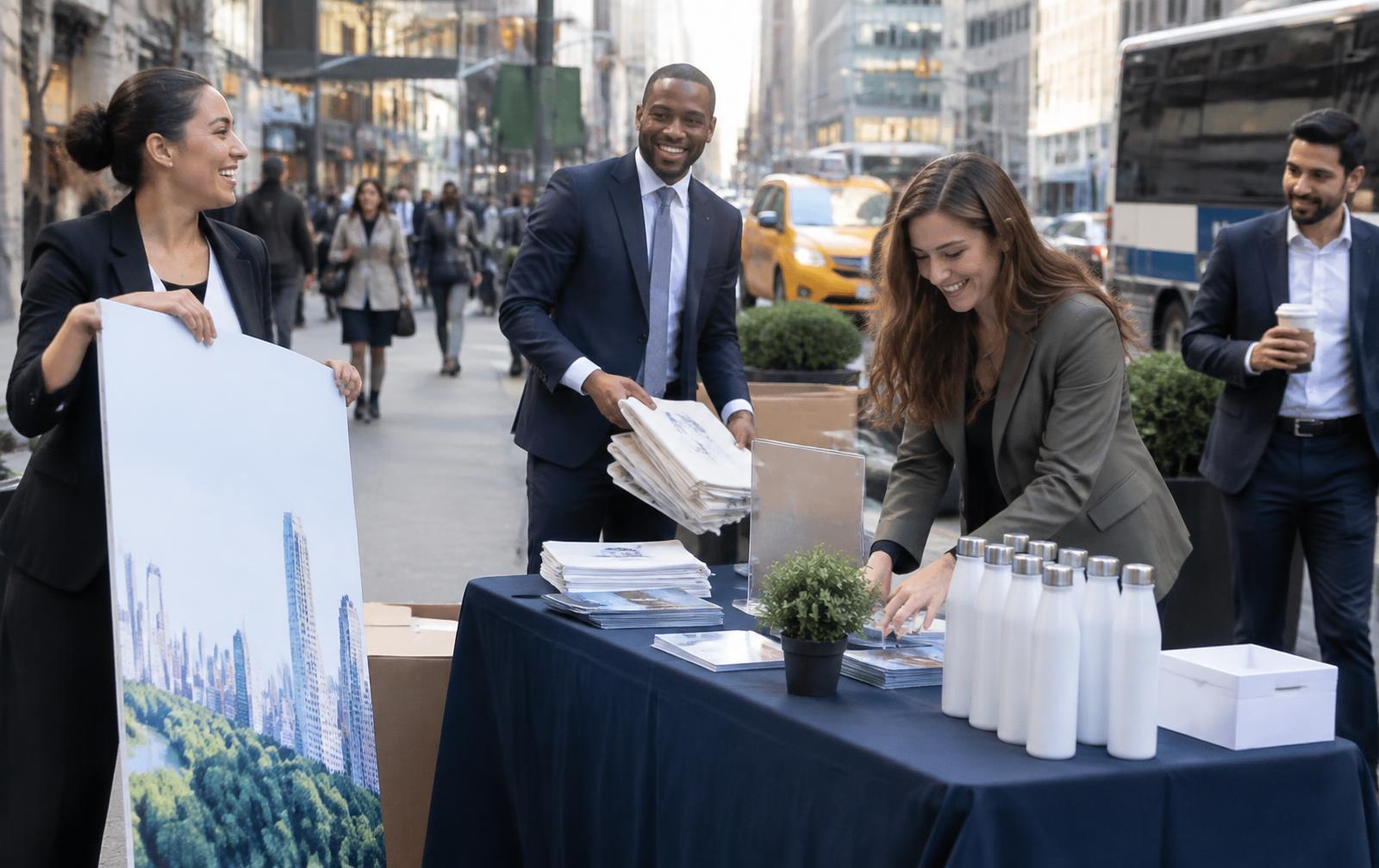 A team setting up an outdoor promotional display on a city sidewalk